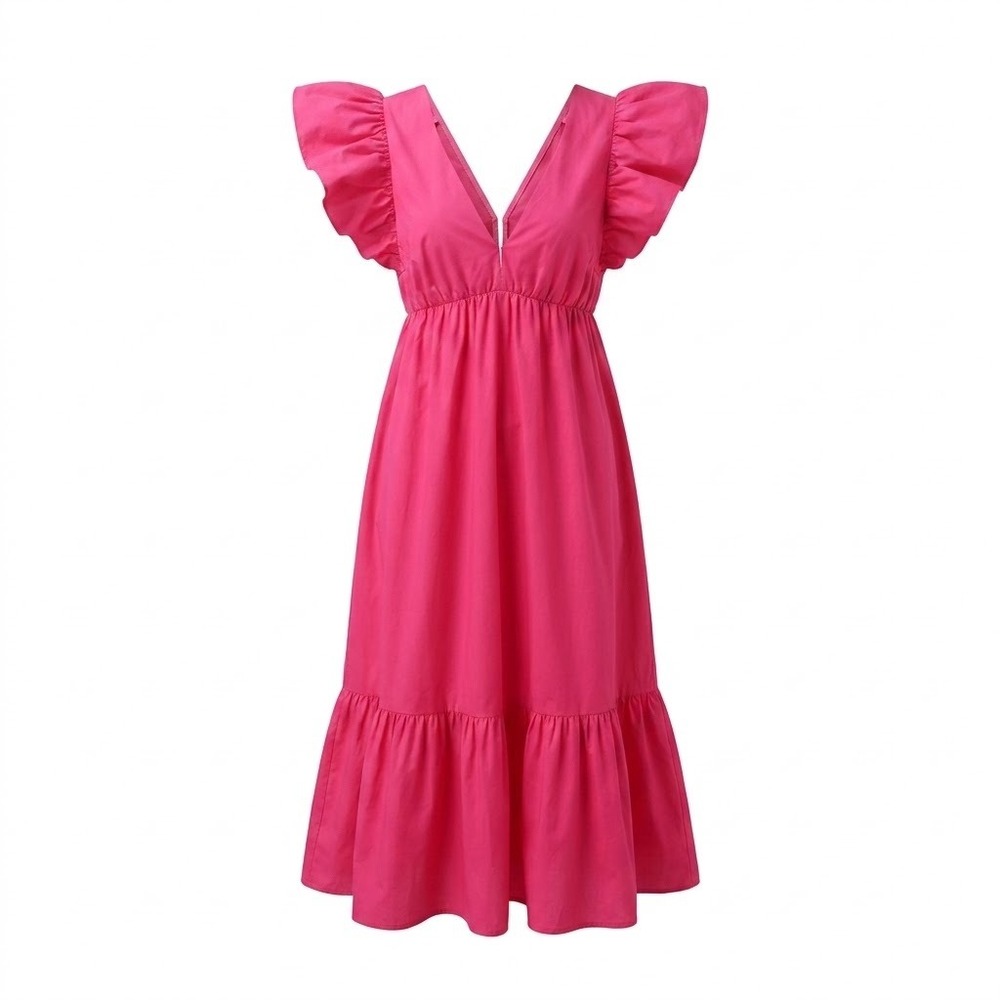 NWT Abercrombie & Fitch Flutter Sleeve Tiered Midi Dress Pink Barbiecore SZ S